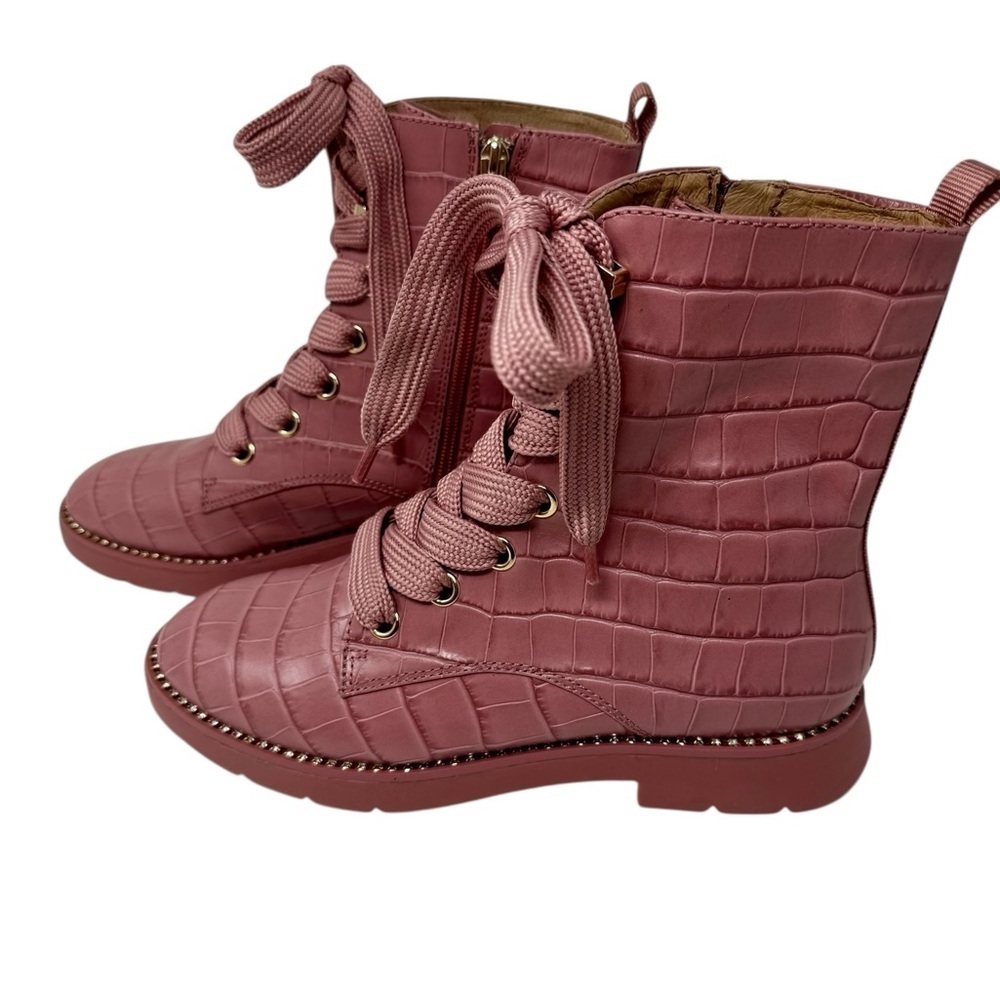 ANTONIO MELANI Pink‎ Leather Lace-Up Combat Boots with Rhinestones- Size 9